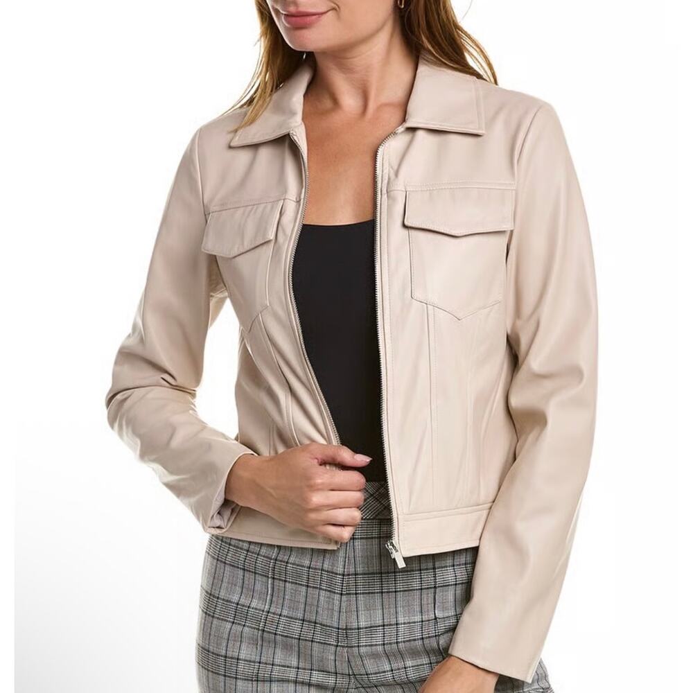 Elie Tahari Faux Leather Zip Jacket Women’s Size M NWT Beige